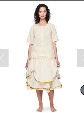 Cream Midi Skirt with Gathered Panels